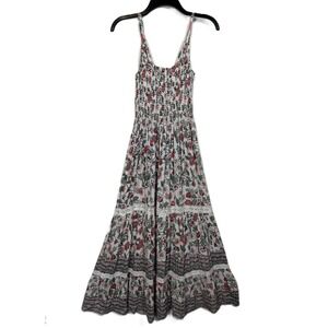 Angie Floral Smocked Back Maxi Dress Pink Green Boho Lace Trim Small